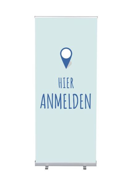Showdown Displays Roll-Banner Budget 85 Komplettset Hier Anmelden Blau Deutsch, RBB085LSFI355