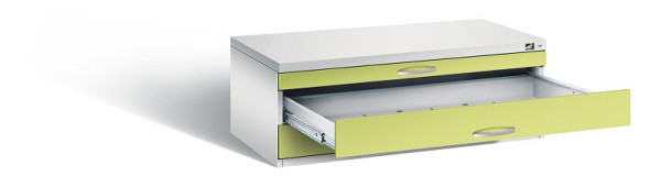 C+P Flachablageschrank Serie 7100_7200, H420xB1100xT765mm, Farbe: Lichtgrau / Viridingrün, Bügelgriff, 7100-100 S10141
