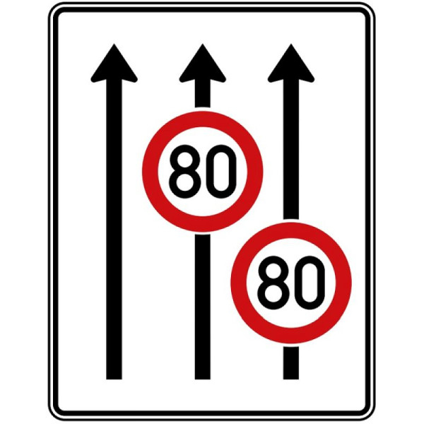 Stein HGS Fahrstreifentafel ohne Gegenverkehr, 3 streifig Fahrtrichtung, 2 streifig mit max Geschwindigkeit, Nr.523-31, 1250x1600mm, RA2, Alform, ohne Entfernungsangabe, 523-31-122