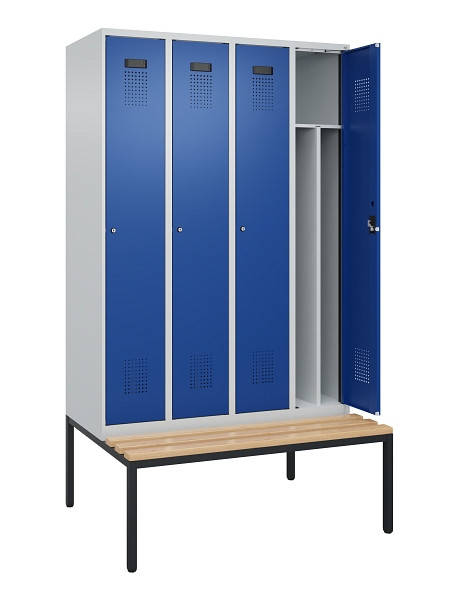 C+P Spind Evolo PLUS, 4 Abteile, 2120x1200x815mm, 7035/5010, Haken 4, Zylinderschloss, Sitzfläche Buche-Hartholz, Sitzbank, 0490507-40F S10033