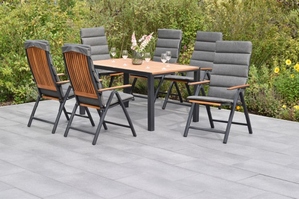 Merxx Athos Set 13-teilig, 6 Klappsessel, 6 Kissen, uni grau, 1 Tisch 150 x 90 cm, Aluminium mit FSC Akazienholz, 50833-800