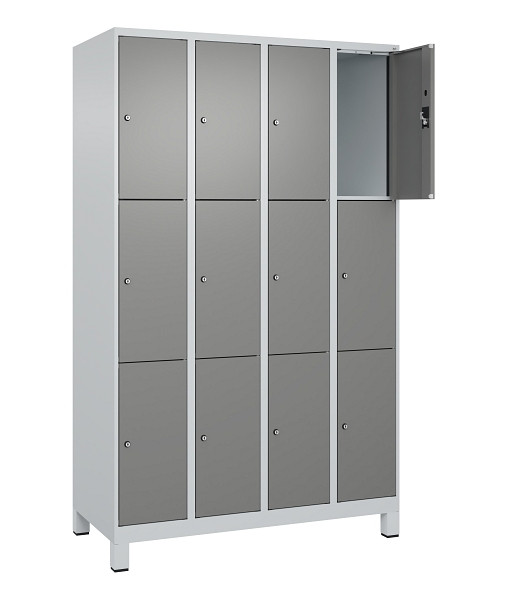 C+P Schließfachschrank Evolo PLUS, mit Füßen, 12 Fächer, 1950x1200x500mm, 7035/0005000 RDS Stahlgrau, Abteile 4, Abteilbreite 300 mm, 049010-403 S10014
