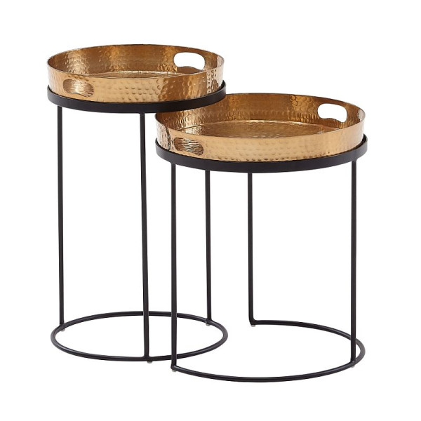 Wohnling Beistelltisch 2er Set Gold/Schwarz Metall Hammerschlag Satztisch Rund, Couchtisch abnehmbares Tablett, WL6.459
