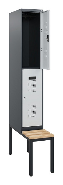 C+P Doppelstöckiger Spind Evolo PLUS, Bank, 2 Fächer, 1950x300x815mm, 7016/7035, Zylinderschloss, Sitzfläche Buche-Hartholz, Sitzbank, 0493505-10 S10044
