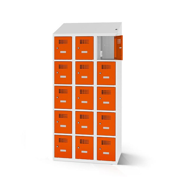 Rotstahl Fächerschrank, 15 Fächer, Stollenfüße, mit Ladefunktion, Schrägdach, Korpus: lichtgrau, Türen: reinorange, 2180-030500-0902112-7035-2004