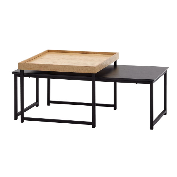 Wohnling Couchtisch 2er Set Holz/Metall Sofatisch Eckig Eiche Schwarz Modern, Beistelltisch 2-teilig, Design Wohnzimmertische, WL6.501