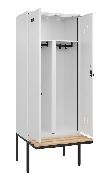 C+P PSA Doppel-Spind Evolo PLUS, Bank, 2 Abteile, 2120x800x815mm, 9016/9016, Drehriegel, Sitzfläche Holz, 0490427-22P S10020