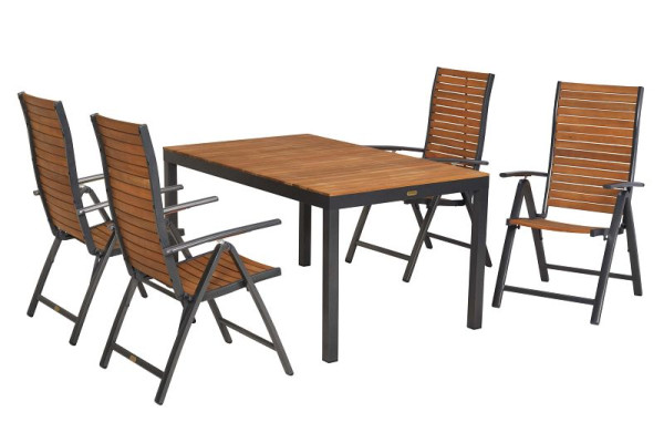 Merxx Santorin Set 5-teilig, 4 Klappsessel, Rückenlehne 5-fach verstellbar, 1 Tisch 150 x 90 cm, Aluminium mit FSC Akazienholz, 51073-217