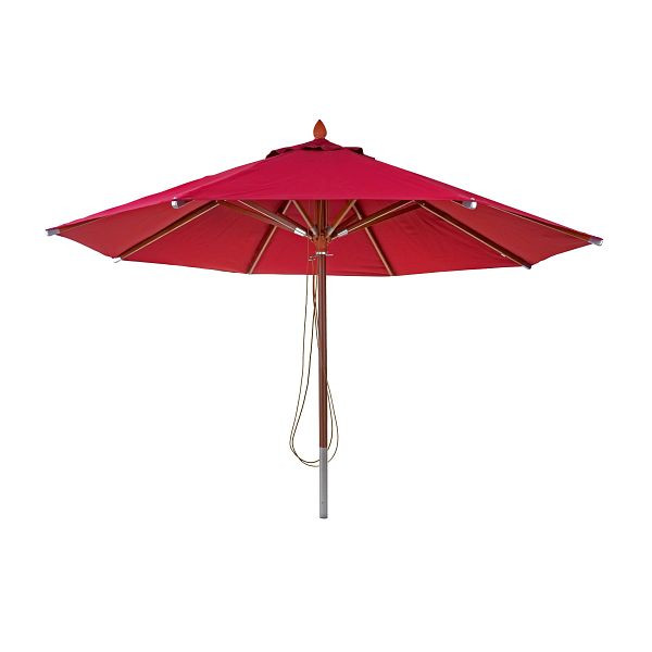 Mendler Gastronomie Holz-Sonnenschirm HWC-C57, Gartenschirm, Polyester/Holz 16kg, rund Ø4m Seilzug stoßsicher, bordeaux, 66530