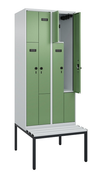 C+P Z-Spind Evolo PLUS, Bank, 4 Fächer, 2120x800x815mm, 7035/6011, Drehriegel, Sitzfläche Kunststoff, Sitzbank, 0490537-224 S10064