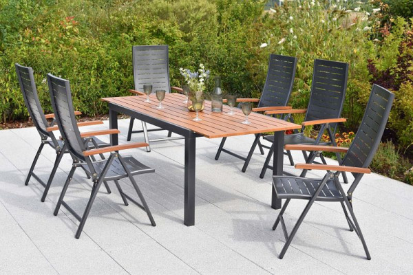 Merxx Tinos Set 7-teilig, 6 Tinos Klappsessel,Rückenlehne 5-fach verstellbar, folierte Armlehnen, Holzoptik, 1 Ausziehtisch foliert, Aluminium, 50282-217