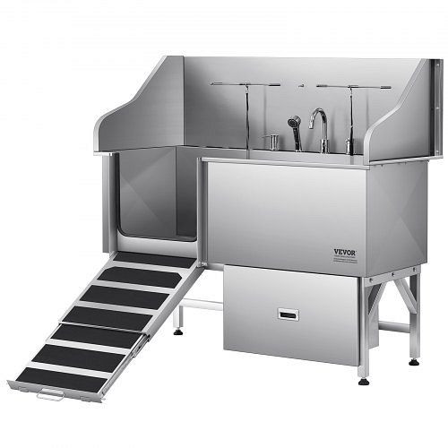 VEVOR Hundewaschstation aus Edelstahl, 1550x790x1470mm, Wanne mit Rampe, Wasserfilter, Wasserhahn, Duschkopf, Leine, linke Tür, BXGCWYG61CPDA9RVTV0