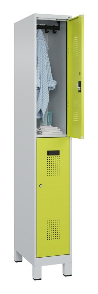 C+P Doppelstöckiger Spind Evolo PLUS, mit Füßen, 2 Fächer, 1950x300x500mm, 7035, Frontfarbe 1108060 RDS Clowngrün, Zylinderschloss, 049310-10 S10042