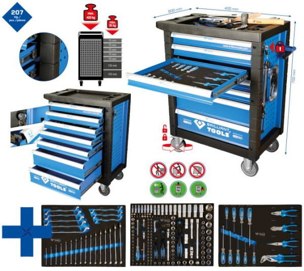 Brilliant Tools Werkstattwagen mit 7 Schubladen und 207 Werkzeugen, BT153207