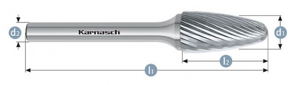 Karnasch Hartmetall-Frässtift unbeschichtet RBF/ HP-2 d1=10 / l2=20 / d2=6 / l1=65mm, VE: 3 Stück, 113050040