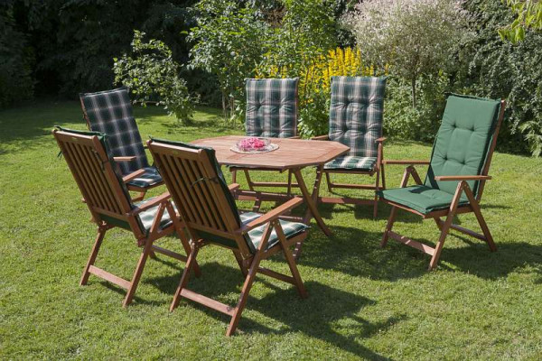Merxx Vitoria Set 13-teilig, 6 Vitoria Klappsessel, 6 Wendekissen, grün kariert/uni, 1 Klapptisch 135 x 85 cm, FSC Eukalyptusholz, 50071-100