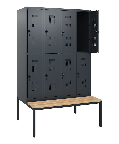 C+P Doppelstöckiger Spind Evolo PLUS, Bank, 8 Fächer, 1950x1200x815mm, 7016/7016, Drehriegel, Sitzfläche Buche-Hartholz, Sitzbank, 0493505-40 S10016