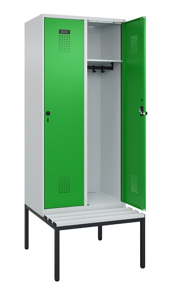 C+P Spind Evolo PLUS, 2 Abteile, 2120x800x815mm, 7035/6037, Haken 4, Drehriegel, Sitzfläche Kunststoff, Sitzbank, 0490507-22 S10065