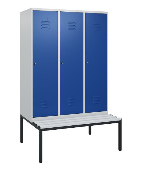 C+P Umkleidespind Classic PLUS, mit untergebauter Sitzbank, 3 Abteile, 1950x1200x815mm, 7035/5010, Zylinderschlösser, 0800505-32 S10048