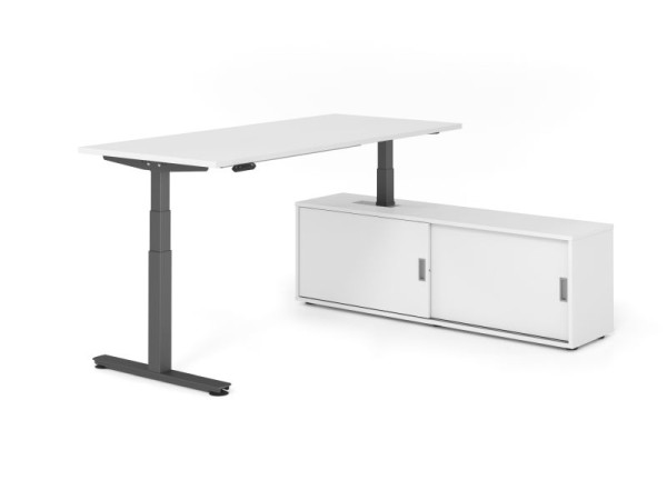 Hammerbacher Schreibtisch XDSM19, 180x80cm, Platte: Weiß, T-Fuß Gestell Graphit, Höhe: 63 - 127 cm, Weiß / Weiß, VXDSM19SB/W/G/W/W