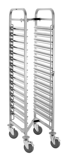 Bartscher Regalwagen 15GN1/1, Eigenschaften: Je eine Behältersicherung an Vorder- und Rückseite, Rahmen aus Vierkantrohr 26 x 26 mm, 300194