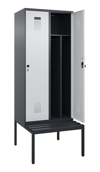 C+P Spind Evolo PLUS, 2 Abteile, 2120x800x815mm, 7016/7035, Haken 4, Drehriegel, Sitzfläche Kunststoff, Sitzbank, Trennwand, 0490507-22F S10071