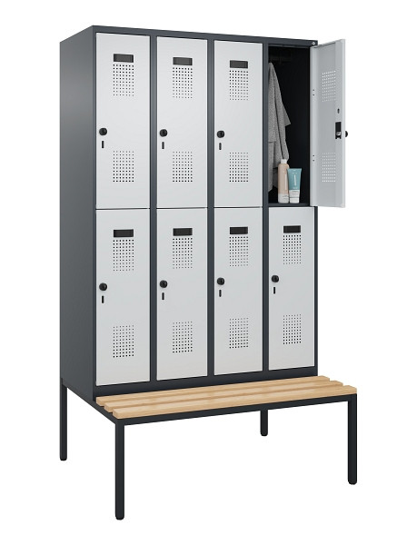 C+P Doppelstock-Spind Evolo PLUS, Bank, 8 Fächer, 2120x1200x815mm, 7016/7035, Drehriegel, Sitzfläche Buche-Hartholz, Sitzbank, 0493507-40 S10017