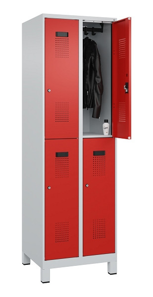 C+P Doppelstöckiger Spind Evolo PLUS, mit Füßen, 4 Fächer, 1950x600x500mm, 7035, Frontfarbe RAL 3020 Verkehrsrot, Zylinderschloss, 049310-20 S10032
