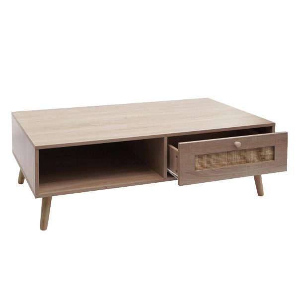 Mendler Couchtisch HWC-M39, Wohnzimmertisch Beistelltisch Sofatisch, Schublade Kubu Rattan Holz Melamin, 37x110x59cm Eiche-Optik, 104212