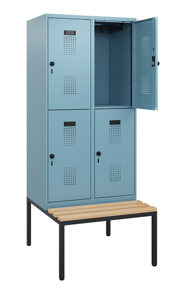 C+P Doppelstöckiger Spind Evolo PLUS, Bank, 4 Fächer, 1950x800x815mm, 0010/0010, Drehriegel, Sitzfläche Buche-Hartholz, Sitzbank, 0493505-22 S10025