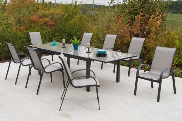 Merxx Amalfi Set 9-teilig, 8 Amalfi Stapelsessel, 1 Semi-Ausziehtisch, 200 (300) x 110 cm, graue Glasplatte, Graphit/diamantbraun, 50702-330