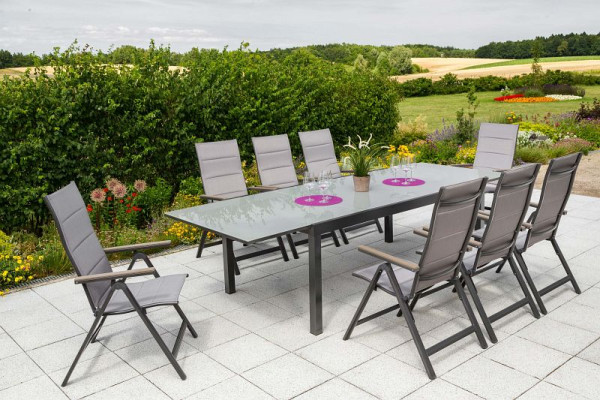 Merxx Trivero Set 9-teilig, 8 Klappsessel, gepadded, 1 Semi Ausziehtisch, 200 (300) x 110 cm, graue Glasplatte, graphit/diamantbraun, 50297-217