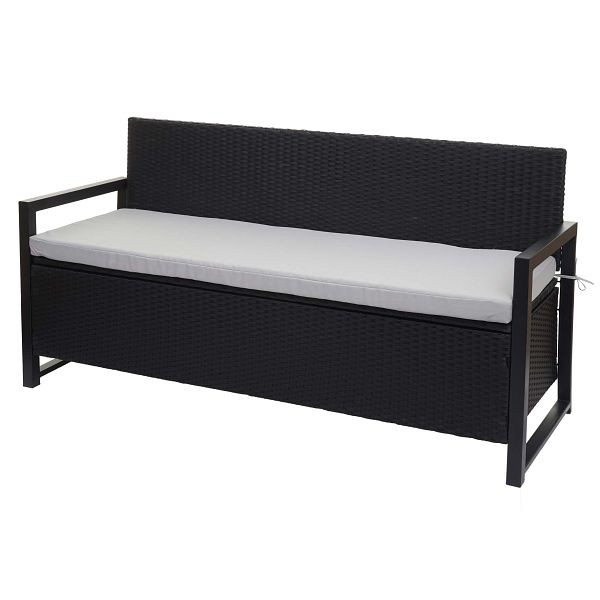 Mendler Poly-Rattan 3er Sitzbank HWC-F39, Gartenbank Truhenbank, Staufach Aufbewahrung Sitzkissen, anthrazit, Kissen grau, 76584+76598