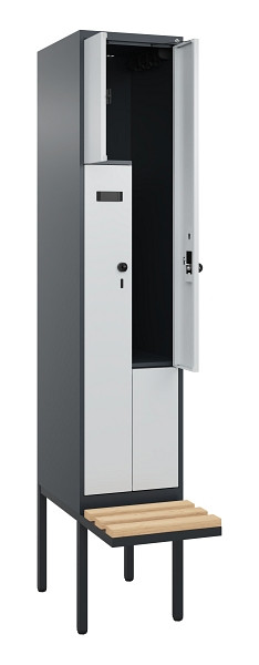 C+P Z-Spind Evolo PLUS, Bank, 2 Fächer, 2120x400x815mm, 7016/7035, Drehriegel, Sitzfläche Holz, 0490437-122 S10014