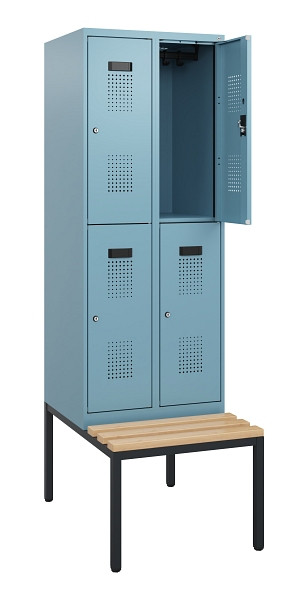 C+P Doppelstöckiger Spind Evolo PLUS, Bank, 4 Fächer, 1950x600x815mm, 0010/0010, Zylinderschloss, Sitzfläche Buche-Hartholz, Sitzbank, 0493505-20 S10057