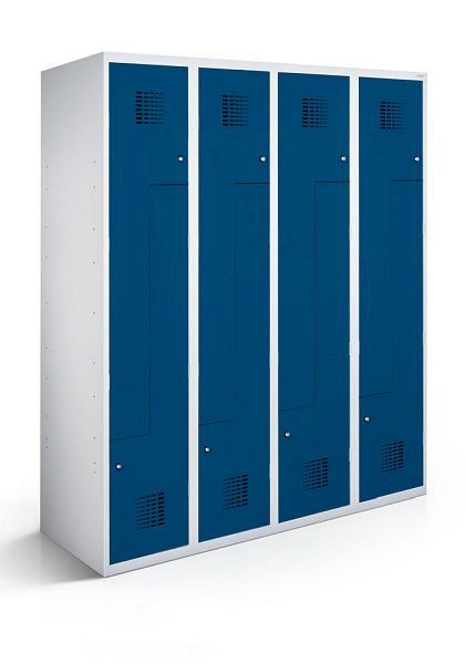 KEMMLIT Z-Spind mit 4 Abteilen und 8 Türen 40cm mit geschlossenem Sockel, Enzianblau 5010, Drehriegel, 100224