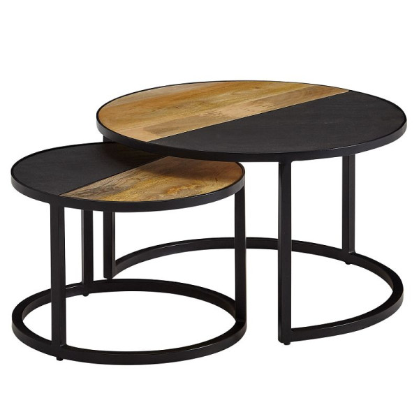 Wohnling Couchtisch 2er Set Mango Massivholz/Stein Sofatisch Rund Modern, Design Beistelltisch 2-teilig, Runde Wohnzimmertische, WL6.582