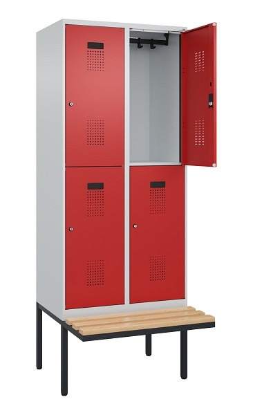 C+P Doppelstock-Spind Evolo PLUS, Bank, 4 Fächer, 2120x800x815mm, 7035/3000, Zylinderschloss, Sitzfläche Buche-Hartholz, 0493407-22 S10030