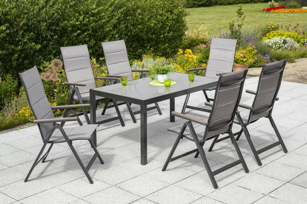 Merxx Trivero Set 7-teilig, 6 Klappsessel, Rückenlehne verstellbar, mit Polywood-Armlehne, 1 Tisch, 150 x 90 cm, graphit/diamantbraun, 50295-217
