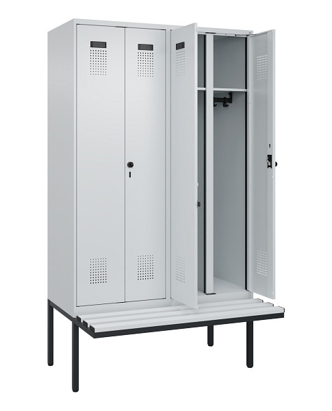 C+P Schwarz-Weiß-Spind Evolo PLUS, Bank, 4 Abteile, 2120x1200x815mm, 7035/7035, Drehriegel, Material Sitzfläche Kunststoff, 0490427-40 S10067