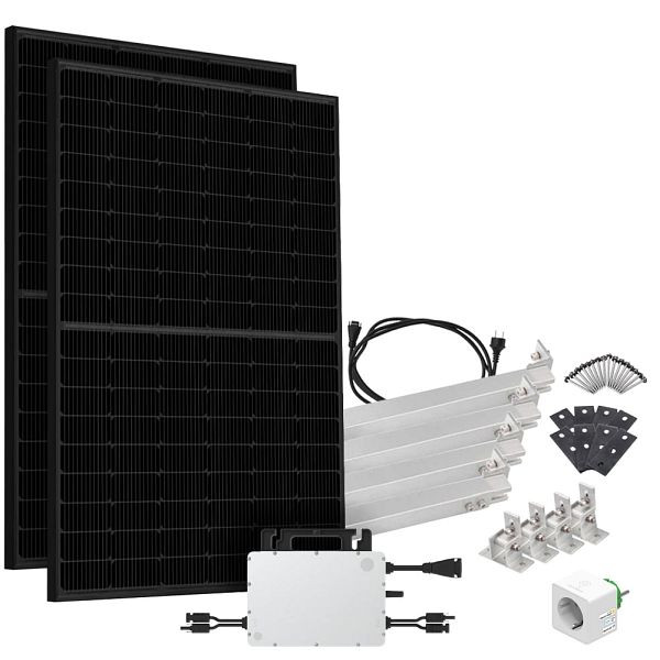 Offgridtec Solar-Direct 900W HMS-800W-2T Balkonkraftwerk Bifazial Full Black Schukosteckdose, 5m, Montageset für Flachdach mit Stromzähler, 4-01-016030-019