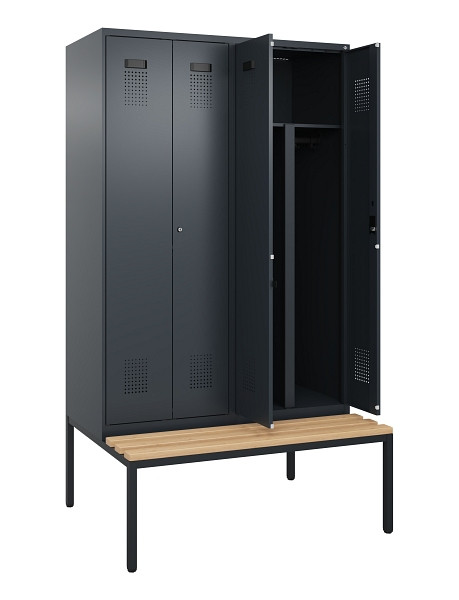 C+P PSA Doppel-Spind Evolo PLUS, Bank, 4 Abteile, 2120x1200x815mm, 7016/7016, Zylinderschloss, Sitzfläche Buche-Hartholz, Sitzbank, 0490527-40P S10043
