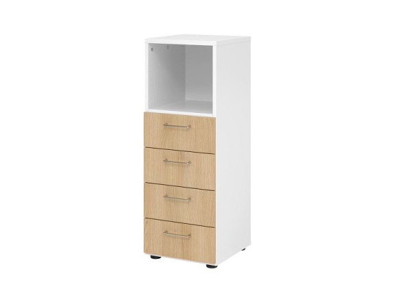 Hammerbacher Schubladenschrank 3OH, 4 Schübe 934S4 BS, Korpus: Weiß / Front: Eiche, 40x41,7x110 cm (BxTxH), 4 Schubkästen, Metallgriff BS, V934S4/W/E/BS