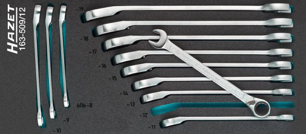 Hazet Knarren Ring-Maulschlüssel Satz, Außen-Doppel-Sechskant-Tractionsprofil, 8 - 19, Anzahl Werkzeuge: 12, Hazet Safety-Insert-System (SIS), 163-509/12