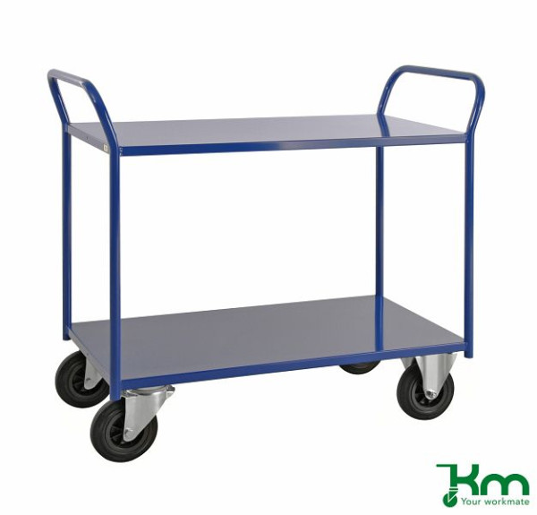 Kongamek Etagenwagen mit 2 Böden, vollständig geschweißt, 1080 x 450 x 975 mm, Blau, 2 Bockrollen 2 Lenkrollen mit Bremse, KM4126-BB