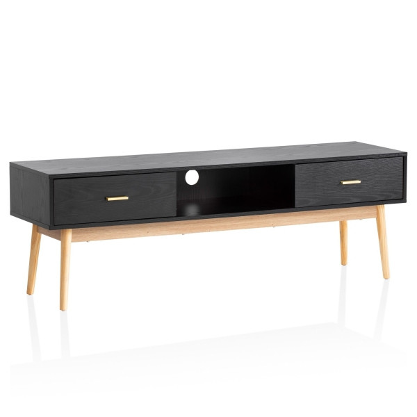 Wohnling Lowboard Schwarz mit Eiche-Dekor 150x50x40 cm TV-Kommode Modern, Fernsehtisch mit Schubladen & Ablagefach, WL6.825