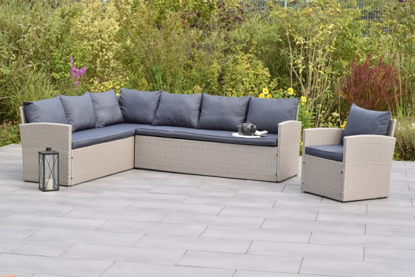 Merxx Chicago Eckset, 1 Eckbank inkl. Sitz- und Rückenkissen, 1 Sessel, inkl. Sitz- und Rückenkissen, grau, Stahlgestell mit Kunststoffgeflecht, 28564-209