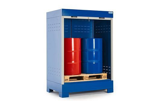 DENIOS SteelSafe Gefahrstoffdepot D2, mit Rollladen, für 2 Fässer, 291043