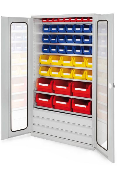Kappes Großraum Schrank Modell 22 RAL 7035, 1950 x 1130 x 590 mm, Sichtfenstertüren, 3 Schubladen unten, 1780.09.5013