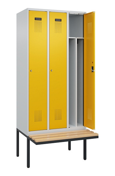 C+P Spind Evolo PLUS, 3 Abteile, 2120x900x815mm, 7035/1004, Haken 4, Zylinderschloss, Sitzfläche Holz, 0490407-30F S10027